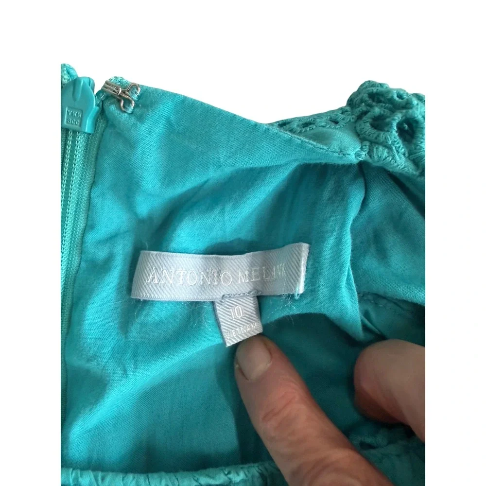 Antonio Melani Turquoise Eyelet Lace Midi Dress S10 Cotton Lined Flutter Sleeve - Picture 6 of 12